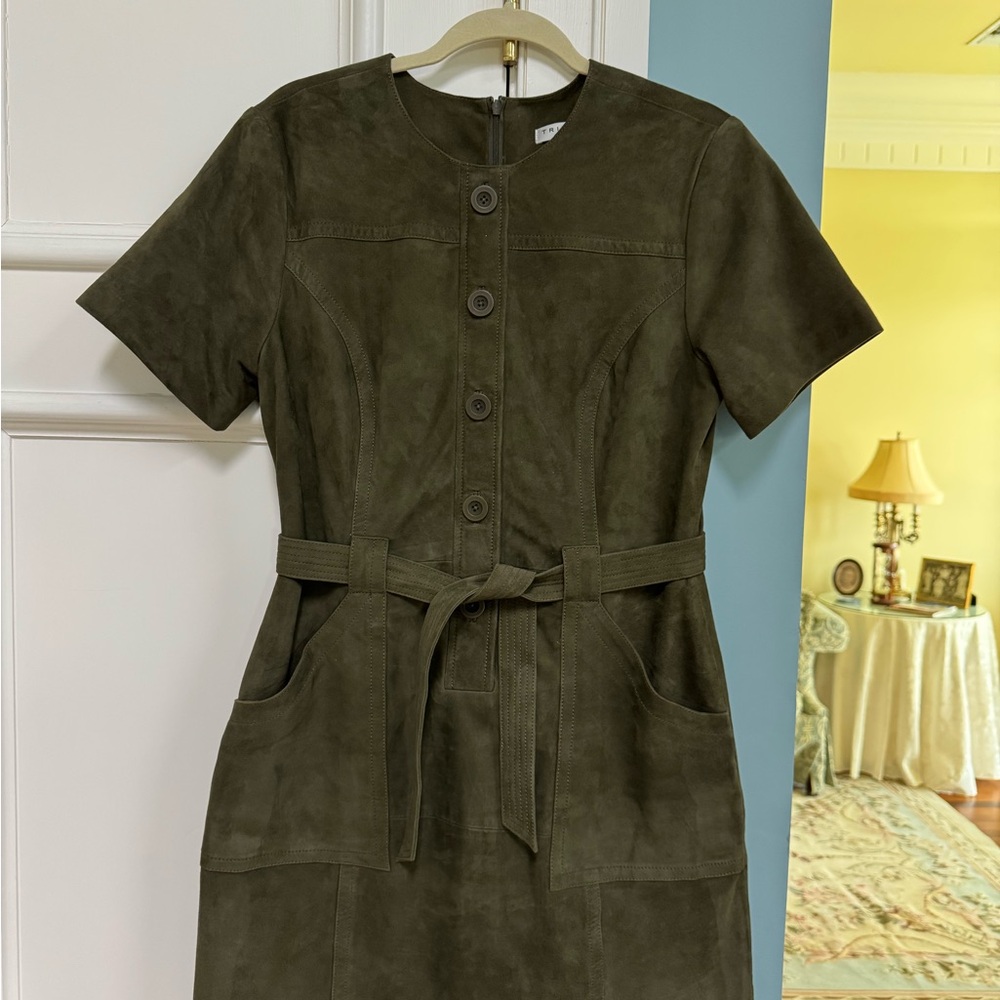 Trina Turk Olive Green Button-Front Suede Dress size 8